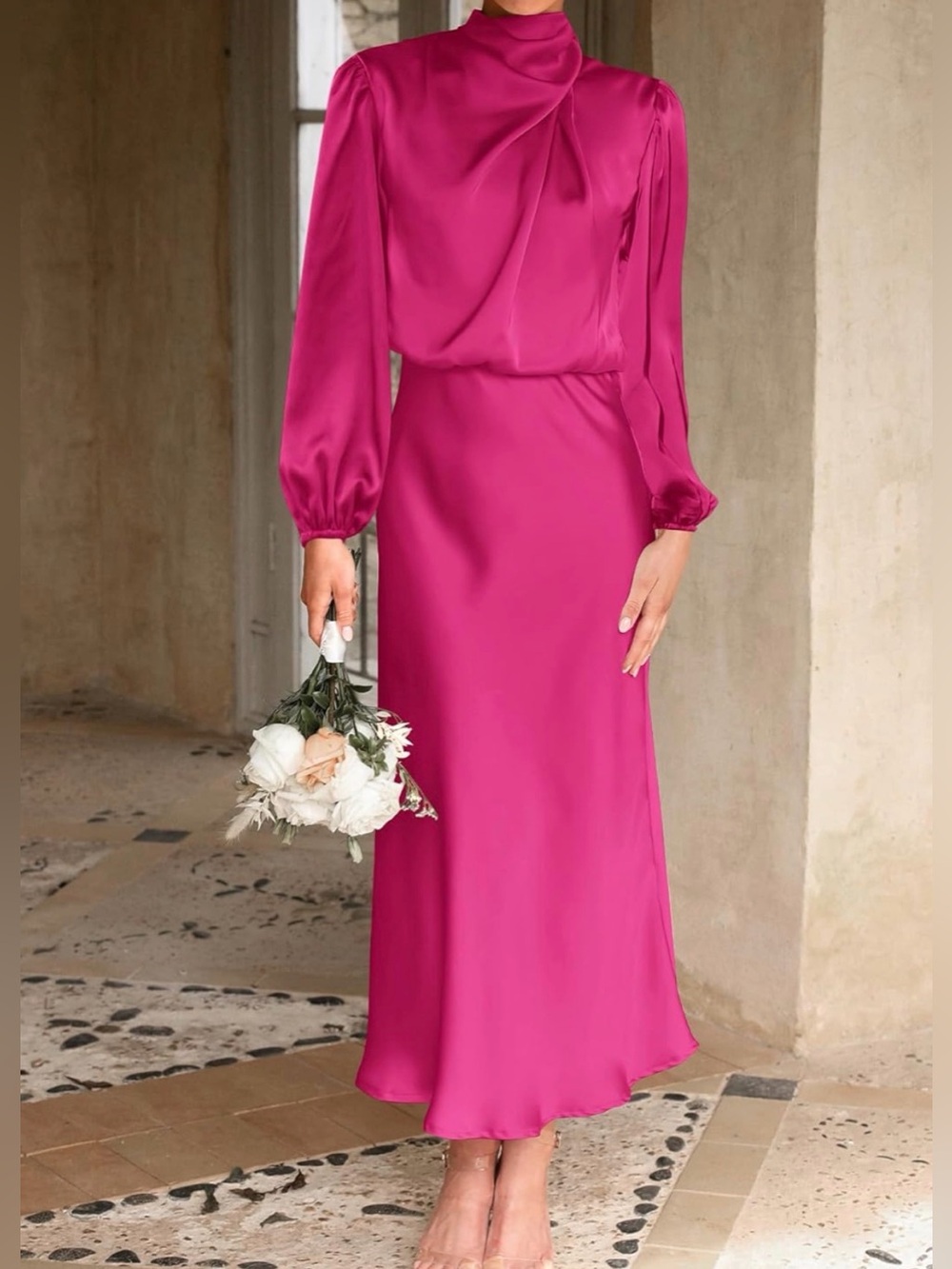 BTFBM Hot Pink Midi Dress with Long Sleeves Size Large